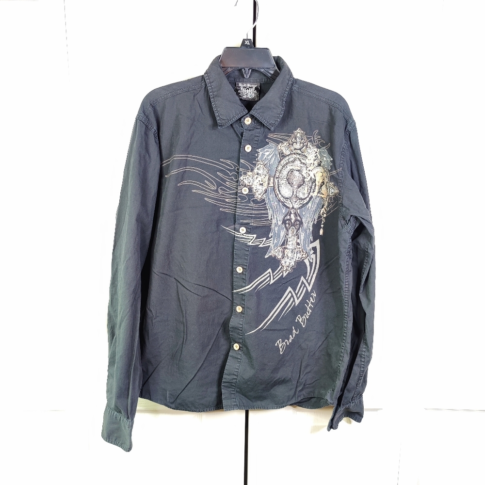 Brad Butter Spell Out Button Down Embroidered Graphic Black Long Sleeve Shirt